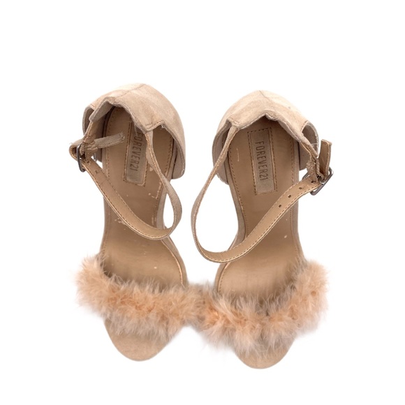Cream Beige Dressy Faux Ostrich Feather & Suede Ankle Strap Open Toe Heels Shoes - Picture 3 of 7